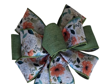 Floral Wired Ribbon Bow – Sage Green and Coral Spring Wreath Decoration - PREMIUM double-sided ribbon - Choose size - Summer