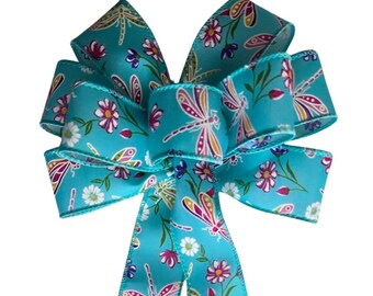 SMALL 6" Dragonfly on Blue - Handmade Bow - Linen Bow - Wired Wreath Bow - Blue Pink Bow - Summer Bow - Animal Bow