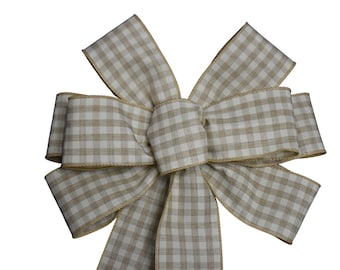 Natural Gingham Bow - Handmade Bow - Wired Wreath Bow - Beige and White Bow - Fall Bow - Choose Size