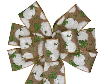 White Pumpkins Bow - Handmade Bow - Fall Bow - Autumn Bow - Harvest Bow - Natural Linen Bow - Wired Wreath Bow