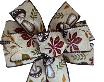 Small 6" Mushroom and Leaves Fall Bow - Wired Wreath Bow - Brown and Moss Green Bow - Harvest Bow - Thanksgiving Bow - Autumn Bow