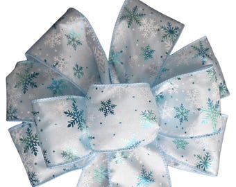 Light Blue and Aqua Snowflakes Bow - Handmade Bow - Wired Wreath Bow - Christmas Bow - Holiday Bow - Choose Sie - Home Decor