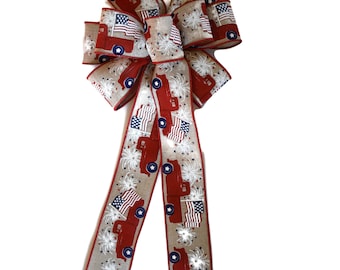 Patriotic Bow - Red Antique Truck with Fireworks on Natural Linen Wired Ribbon - Handmade - Choose Size - Wreath Bow