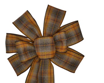 Brown and Orange  Plaid Bow - Handmade Bow - Fall Bow - Wired Wreath Bow - Autumn Bow