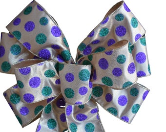 Mardi Gras Bow- Glitter Purple Green Gold Dots -  Wired Wreath Bow