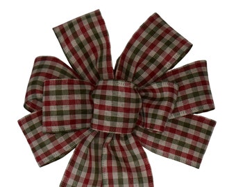 SMALL 6" Red, Green and Natural Plaid Bow - Handmade Bow - Wired Bow - Christmas Bow -Wreath Bow - Woven Bow