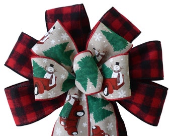 10" Wired 2-Ribbon Buffalo Plaid Snowman on Truck Christmas Wreath Bow