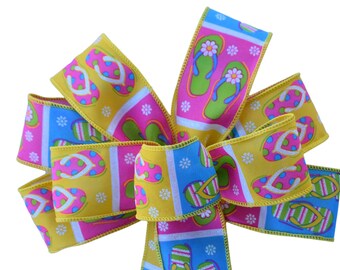 Flip Flops Bow - Handmade Bow -  Wired Wreath Bow - Summer Bow - Beach Pink Yellow Lime Blue - Choose Size