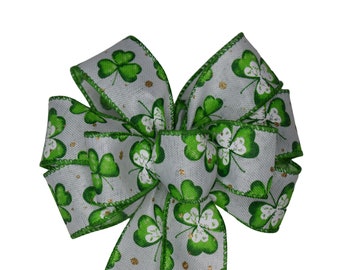 SMALL 6" St. Patrick's Day Shamrock on White Bow -  Wired Wreath Bow - Handmade Bow