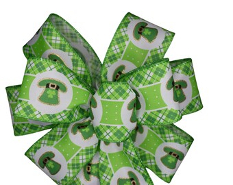 St. Patrick's Day Bow - Handmade Bow - Irish Hat Bow - Green and White Bow - Wired Wreath Bow - Choose Size - Leprechaun Bow