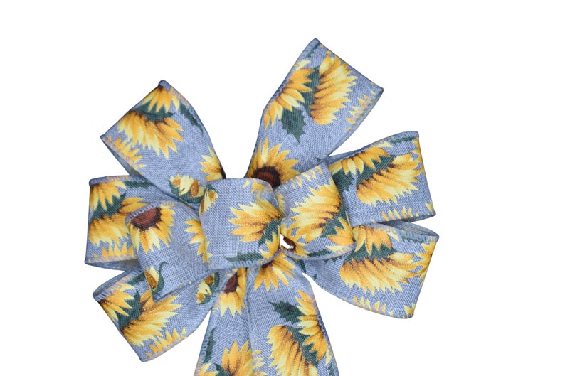 SMALL 6 Sunflower on Natural Ribbon Bow Handmade Bow Wired Wreath Bow