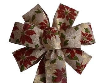 Red and White Poinsettia with Glitter on Natural Linen Christmas Wreath Bow