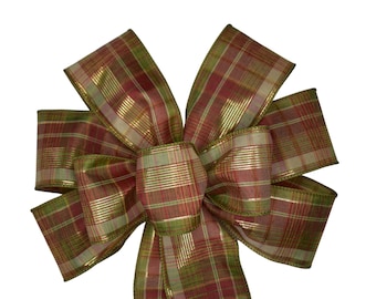 Metallic Fall Plaid Bow - Handmade Bow -  Wired Wreath Bow - Tan Dark Red Moss Green Bow - Choose Size - Home Decor - Harvest Bow - Autumn
