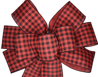 Red & Black Buffalo Plaid Bow - Handmade Bow - Wired Wreath Bow - Choose Size - Home Decor - Christmas Bow - Holiday Bow