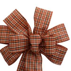 Fall Plaid Bow - Handmade Bow - Wired Wreath Bow - Orange and Tan Bow - Autumn Bow - Harvest Bow - Halloween Bow - Choose Size