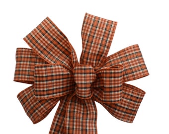 Fall Plaid Bow - Handmade Bow - Wired Wreath Bow - Orange and Tan Bow - Autumn Bow - Harvest Bow - Halloween Bow - Choose Size