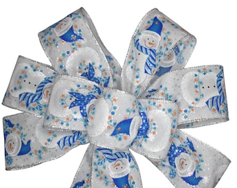 Blue Snowman Bow - Handmade Bow - Blue and White Bow - Christmas Bow - Wired Wreath Bow - Choose Size - Holiday Bow - Snowmen Bow