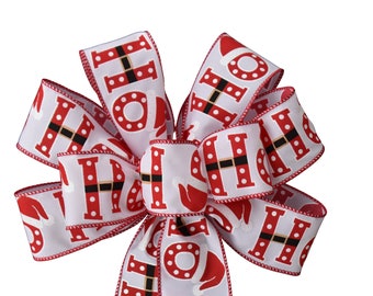 Ho Ho Ho Bow - Santa Claus Bow - Handmade Bow - Wired Bow - Christmas Bow - Wreath Bow - Choose Size - Holiday Bow - Red and White Bow