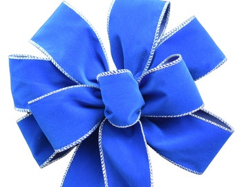 Royal Blue Velvet with Silver Edge Wreath Bow - Handmade Bow - Holiday Bow - Christmas Bow - Outdoor Bow - Hanukkah