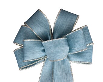 SMALL 6" Blue with Silver Edge Wired Christmas Wreath Bow - Handmade