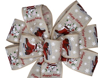 Ice Skates Christmas Bow - Handmade Bow - Linen Bow - Wired Wreath Bow - Holiday Bow