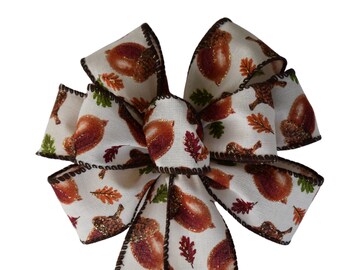 SMALL 6" Acorn and Leaves Fall Wreath Bow - Handmade Bow - Autumn Bow - Wired Bow