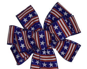 Wired Red White Blue Stars and Stripes Patriotic Wreath Bow