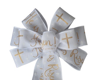 Easter Bow - White Bow - He Is Risen Religious Christian Bow - Handmade Bow -  Wired Wreath Bow - Home Decor - Choose Size