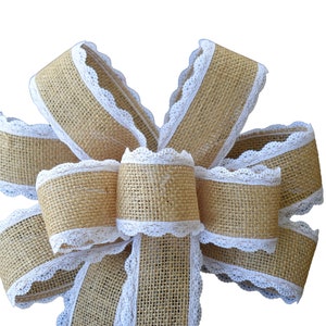 Burlap and Lace Bow - Handmade Bow - Choose Size - Wired Bow - Wreath Bow - Country Bow - Farmhouse Bow - Brown and White Bow