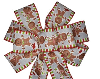 Gingerbread  Man Bow - Christmas Bow - Wired Wreath Bow - Handmade Bow - Choose Size - Linen Bow