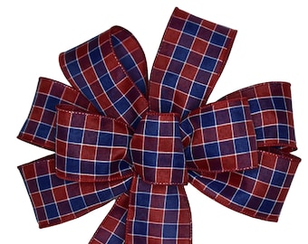 Wired Red White and Blue Plaid Wreath Bow