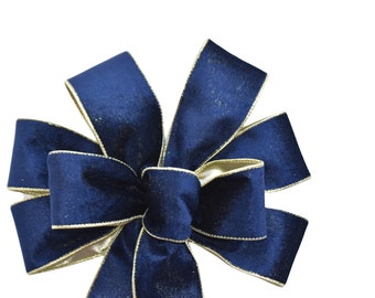 Navy Blue Plush Velvet with Gold Back Bow - INDOOR Bow - Handmade Bow - Christmas Bow - Wired Bow - Blue Bow - Holiday Bow