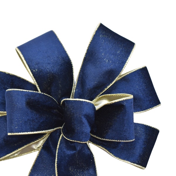 Plush Navy Blue Velvet with Gold Back INDOOR Wired Holiday Bow