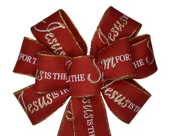 Jesus is the Reason Bow - Handmade Bow - Christmas Bow - Wired Wreath Bow - Religious Bow - Red and Gold Bow - Nativity Bow