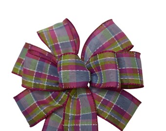 SMALL 6" Spring Plaid Bow - Handmade Bow - Wired Wreath Bow - Pink Purple Lime Green Bow - Woven Bow - Easter Bow