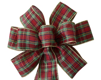 Red, Gold and Green Plaid Bow - Handmade Bow -  Christmas Bow - Wired Wreath Bow - Woven Bow - Choose Size - Holiday Bow