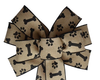 Dog Bone and Paw Print Bow - Handmade Bow - Natural Linen Bow - Wired Wreath Bow - Black and Tan Bow - Choose Size