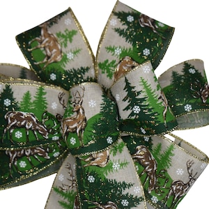 Deer and Evergreen Trees Bow - Handmade Bow - Linen Bow - Holiday Bow - Choose Size -Wired Wreath Bow - Christmas Bow - Green and Tan Bow