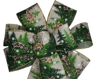 Deer and Evergreen Trees Bow - Handmade Bow - Linen Bow - Holiday Bow - Choose Size -Wired Wreath Bow - Christmas Bow - Green and Tan Bow