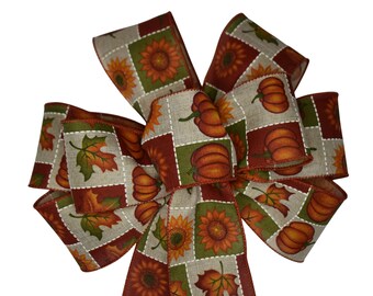 Harvest Quilt Bow - Wired Wreath Bow - Handmade Bow - Pumpkin Bow - Orange and Tan Bow - Choose Size - Harvest Bow - Home Decor - Leaf