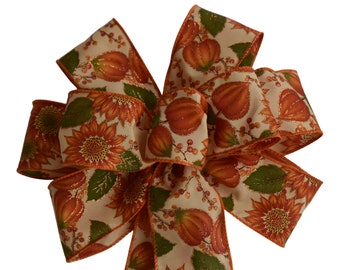 Fall Floral Bow - Handmade Bow - Wired Bow - Wreath Bow - Autumn Bow - Orange Bow - Harvest Bow - Sunflower Bow