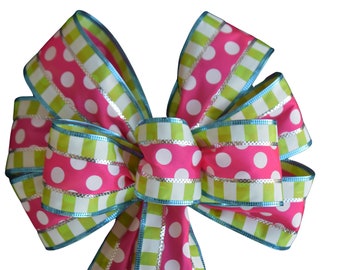 Spring Bow - Pink Dots and Green Stripes -  Wired Wreath Bow