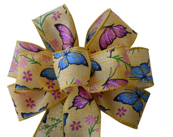 Small 5-6" Butterflies on Yellow Ribbon Wired Wreath Bow