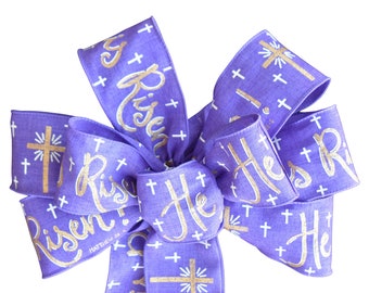 Purple "He Is Risen" Easter Bow -  Wired Wreath Bow