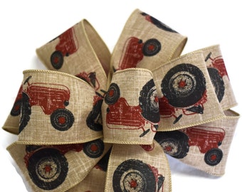 Wired Red Tractor on Natural Linen Wreath Bow