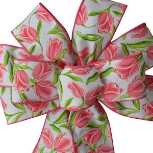 Pink Tulips Bow - Handmade Bow - Choose Size - Wired Wreath Bow - Spring Bow - Easter Bow - Floral Bow - Flower Bow