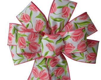 Pink Tulips Bow - Handmade Bow - Choose Size - Wired Wreath Bow - Spring Bow - Easter Bow - Floral Bow - Flower Bow