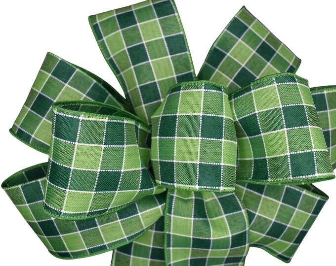 Featured listing image: St. Patrick's Day Green Plaid Wired Wreath Bow