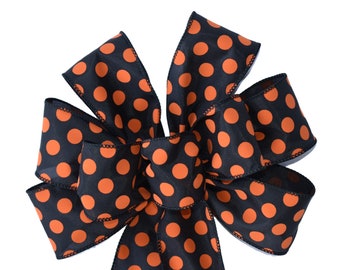 Orange and Black Polka Dot Wired Wreath Bow