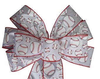 Baseball Bow - Handmade Bow - Red and White Satin Bow - Wired Wreath Bow - Summer Bow - America's Pastime - Choose Size - Sports Bow